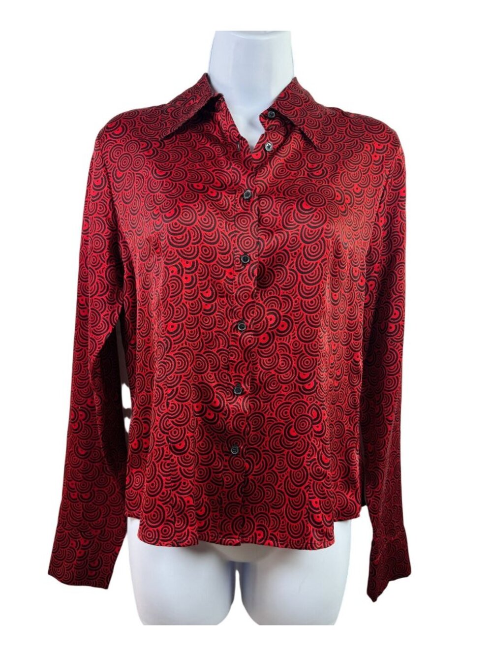 100% Red Black Swirl geometric Button Up Silk Blouse Womens Small Mossimo Long S